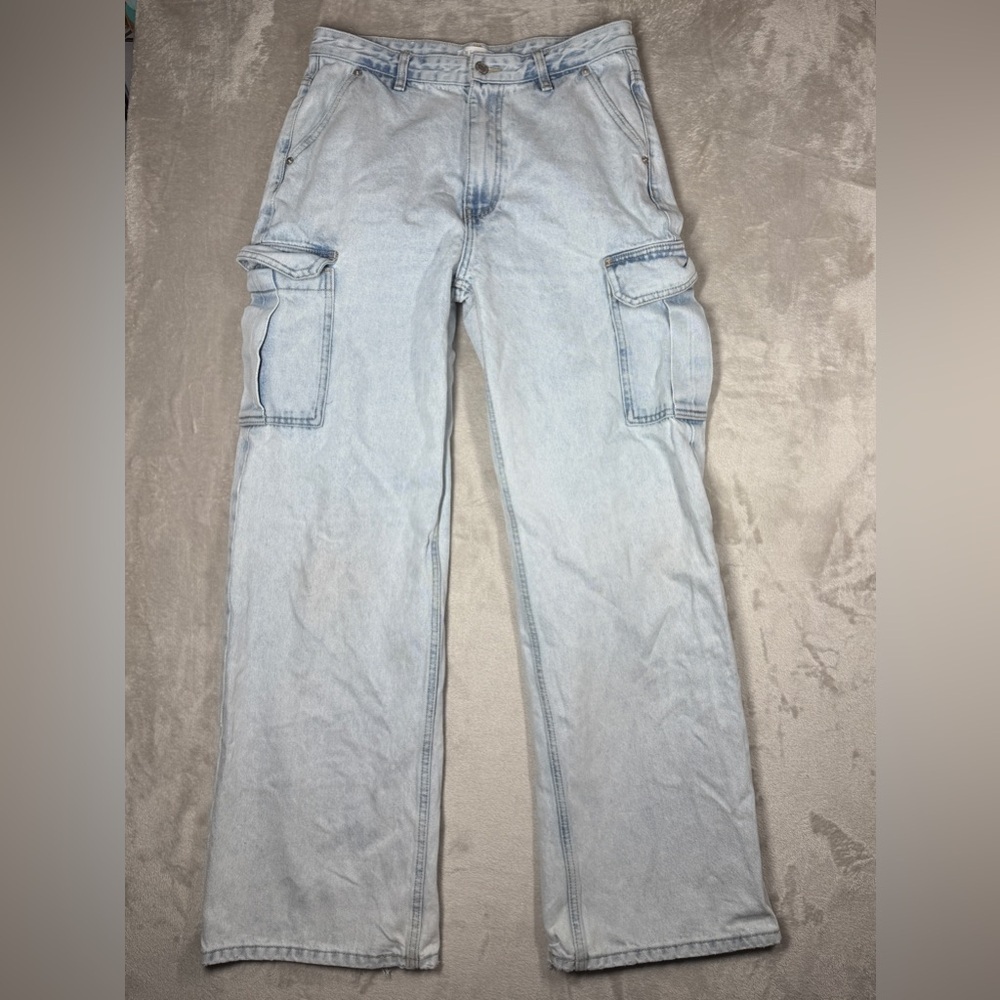 Meshki Women’s Cargo Wide Leg Zip Fly Light Wash Denim Blue Jeans Size Small